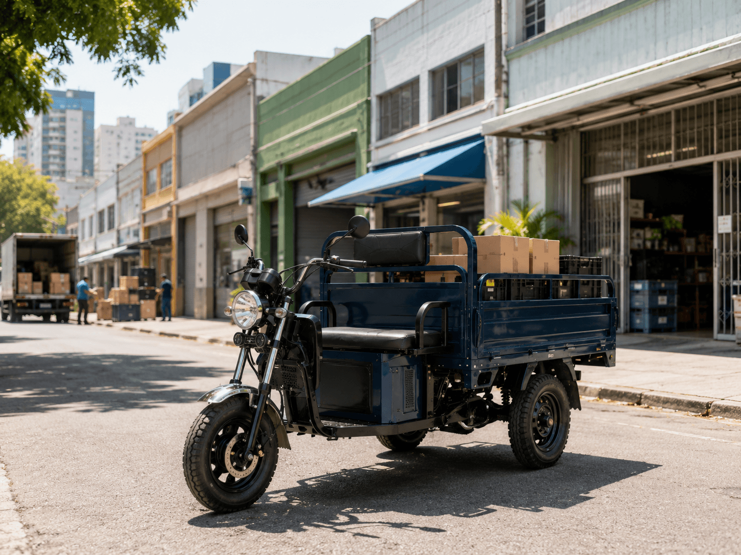 Electric cargo tricycle in a commercial setting